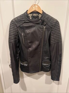 Maison scotch Black Quilted-Shoulder Asymmetric Leather Biker Jacket